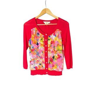Anthropology red button up cardigan abstract artsy whimsy sz XS